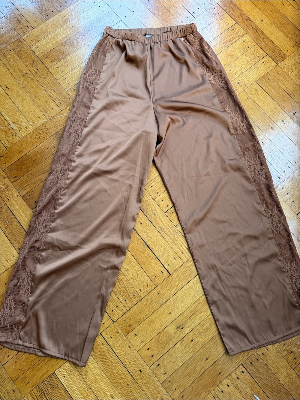 Cottagecore Romantic Women's Satin Lounge Pants with Lace Side Panels - Brown